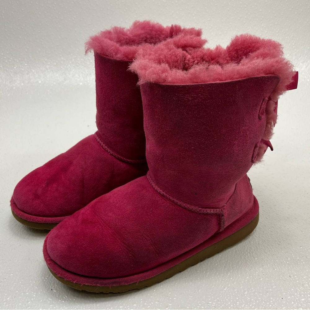 UGG Australia Bailey Bow Leather Hot Pink Boots Kids Size US 3
